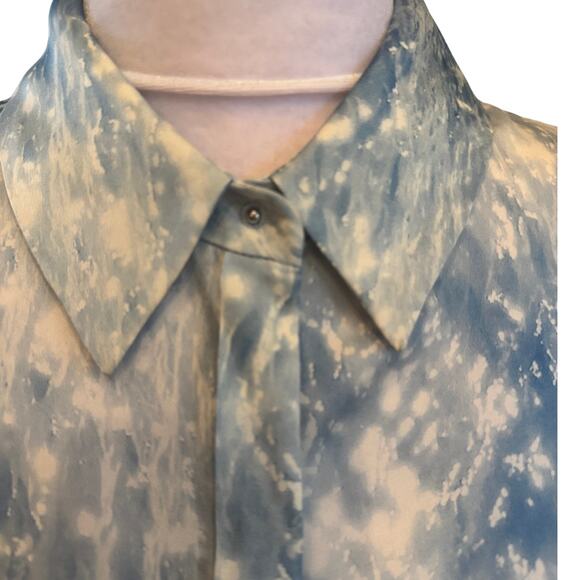 Elie Tahari 100% Blue Green Watery Silk Button down Sheer Sleeves Shirt Medium M - Picture 7 of 10